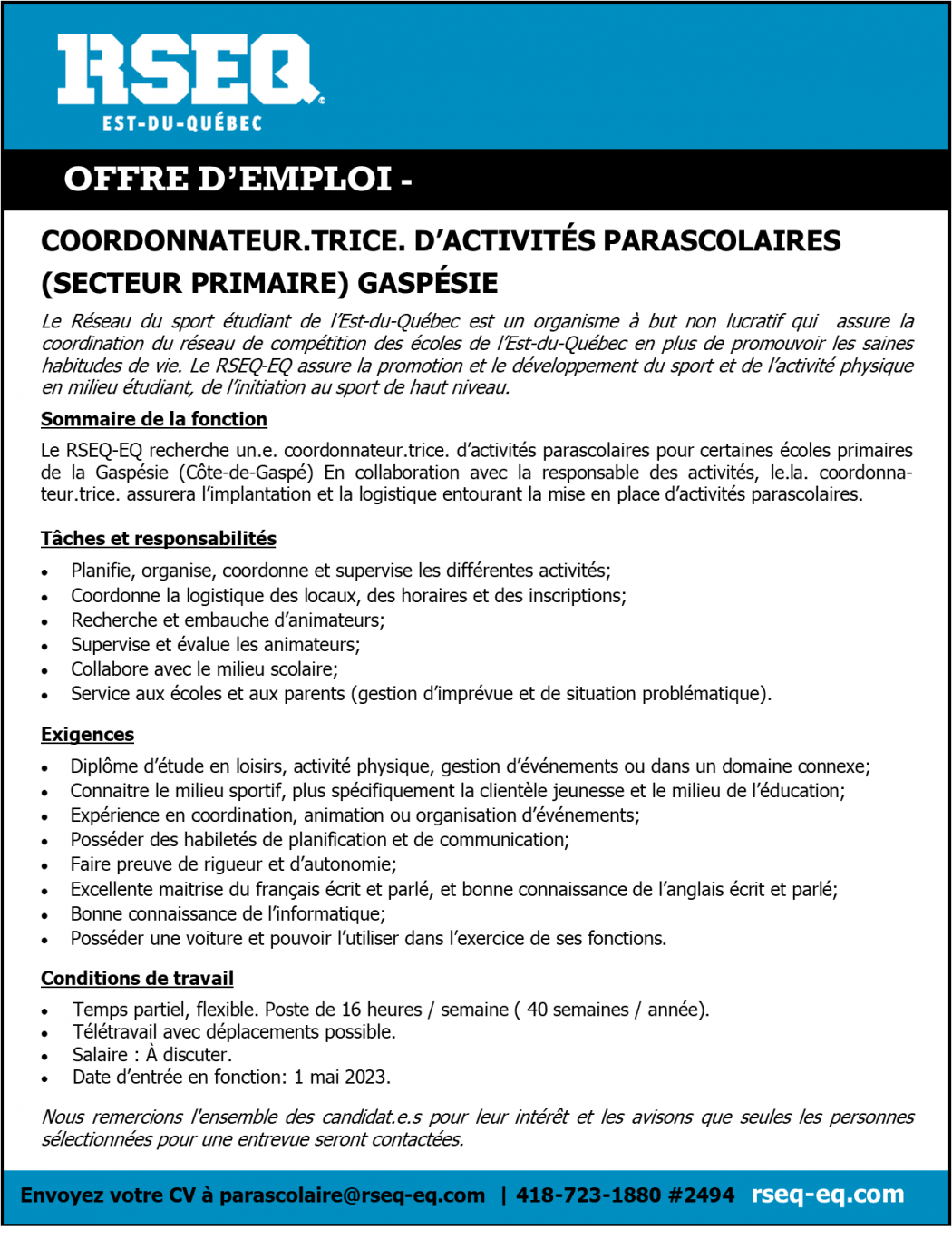 Offre d'emploi - Coordonnateur(trice) aux activités parascolaires en Gaspésie